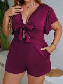 SHEIN Holidaya Plus Size Solid Color Hollow Out Lace Up Romper With Ruffle Hem - Red Violet - View 4