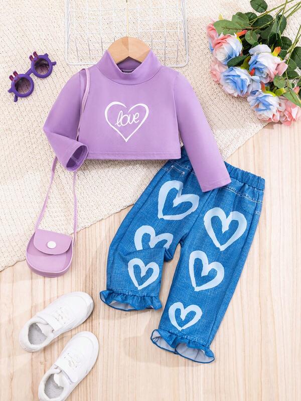 Fashionable Baby Girls' Heart Pattern LongSleeved Top And Denim Look Heart Pattern Pants Set