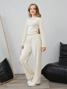 RueChic Thiếu niên Cô gái Màu thuần Top Cây trồng Và Dài Quần Bộ - trắng - Xem 5