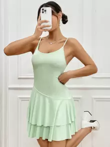 Flirla Women'S Double Layer Ruffle Hem Spaghetti Strap Dress