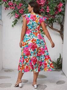 SHEIN VCAY Plus Size Floral Print Ruffles Wrap Dress - Multicolor - View 2