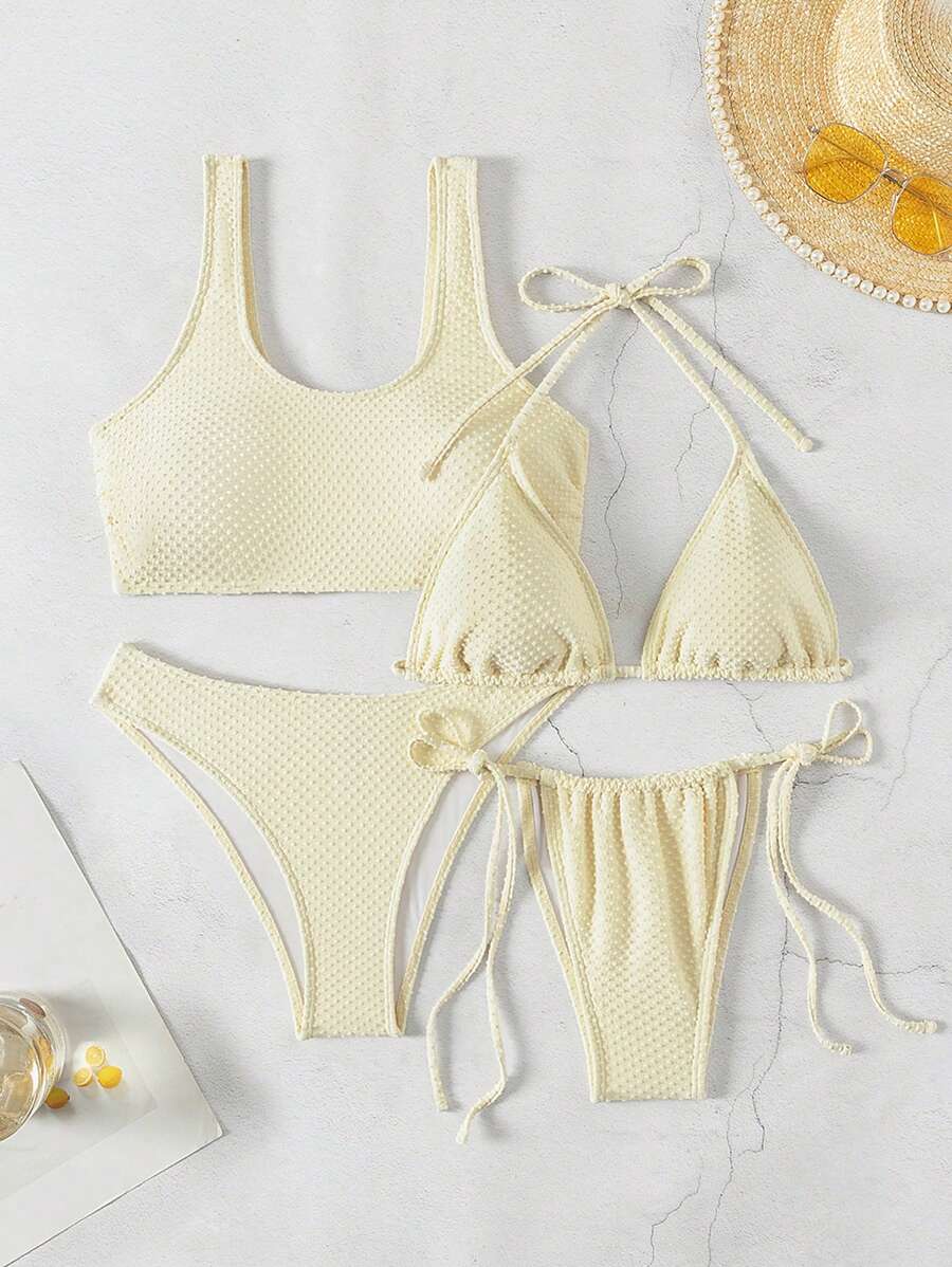 SHEIN Swim Summer Women's Textured Swimwear Top (2pcs/Set) Wedding - Beige - View 1