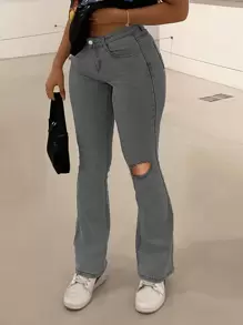 Washed Ripped Elastic Denim Jeans - Light Grey - View 1