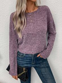 SHEIN LUNE Purple Round Neck Long Sleeve T-Shirt - Purple - View 4