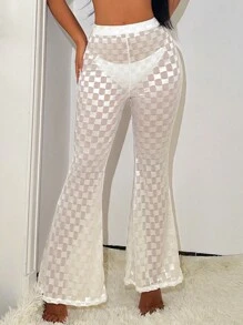 SHEIN Swim Women's Checkered Patterned Cover Up Flared Pants Summer - Beige - View 1