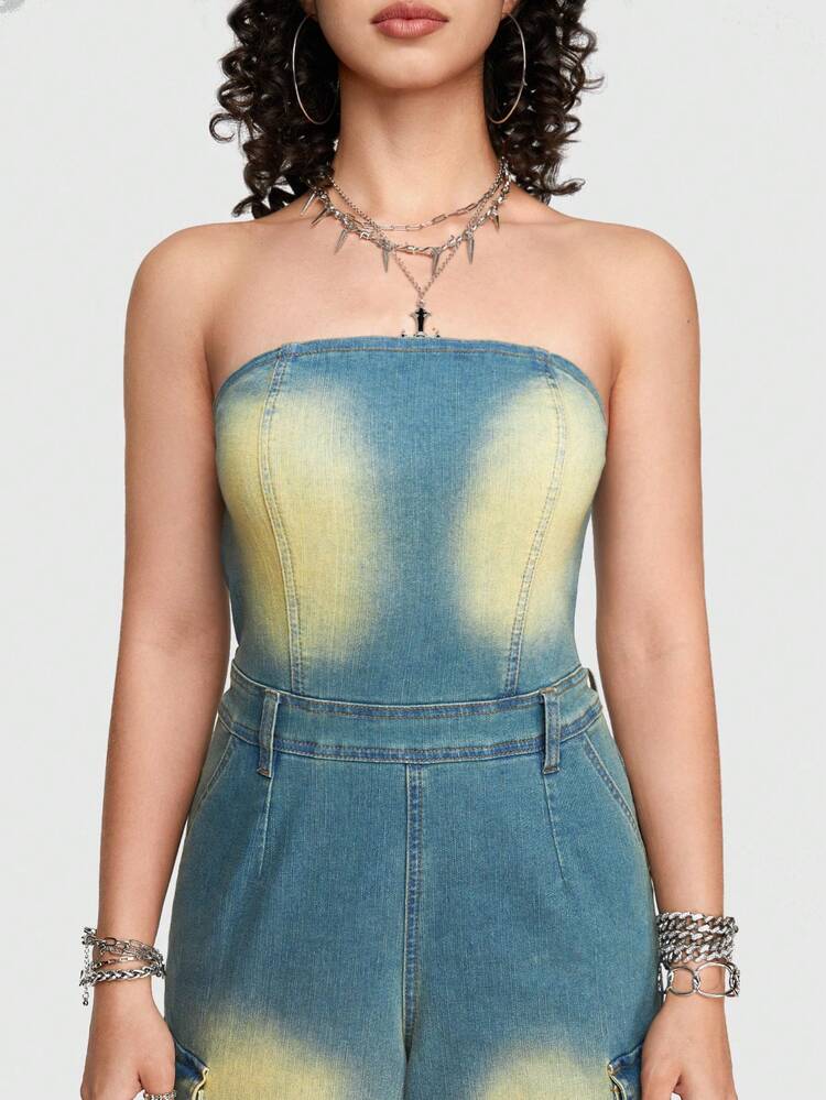 Women'S Color Block Strapless Jumpsuit With Workwear Style