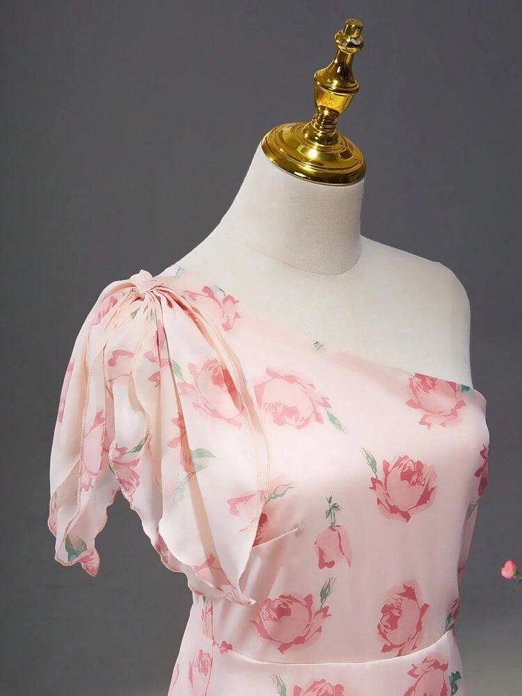 Teenage Girls' One Shoulder Knotted Flower Print Dress, Formal Occasions, Spring/Summer