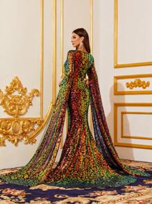 Plunging Neck Extra-Long Sleeve Sequin Formal Dress - Black - View 2