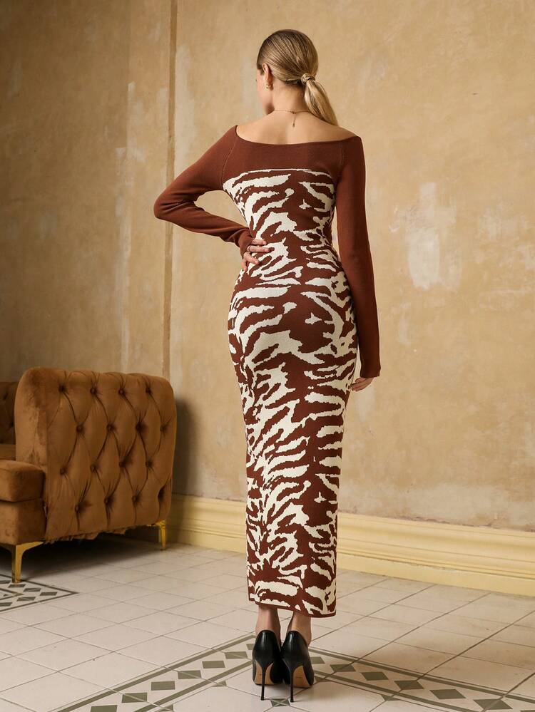 Color Block Off-Shoulder Printed Dress