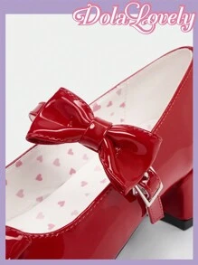 Dola Lovely Red Bow & Heart Shaped Mary Jane Shoes For Women, Lolita Style, Chunky Heel, Fashionable Lady High-Heeled Pump