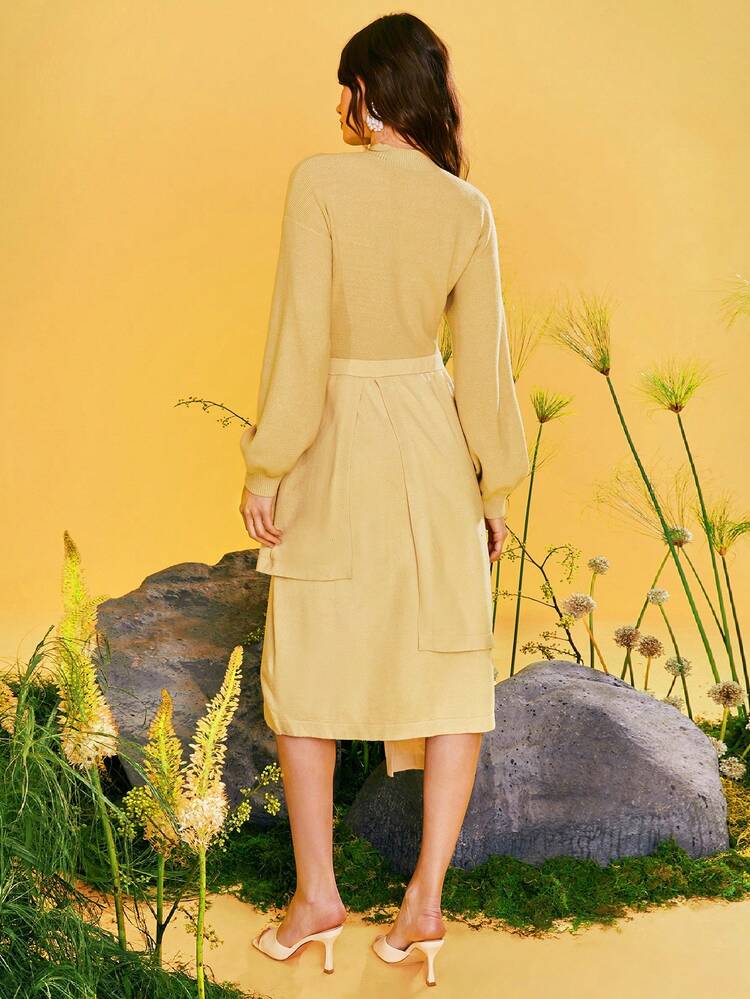 Designer Lantern Long-Sleeve Stand Collar Asymmetrical Hem Knitted Elegant Sweater Dress Outfit, For Holiday, Party, Vacation, Birthday Outfits, Festival, Ibiza Fits, Wedding Prom Dress
