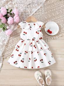 Baby Girls' Cherry Pattern Peter Pan Collar Dress With Ruffle Hem - Apricot - View 2