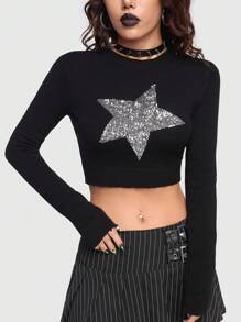 ROMWE PUNK Women's Glitter Star Pattern Long Sleeve Sweater