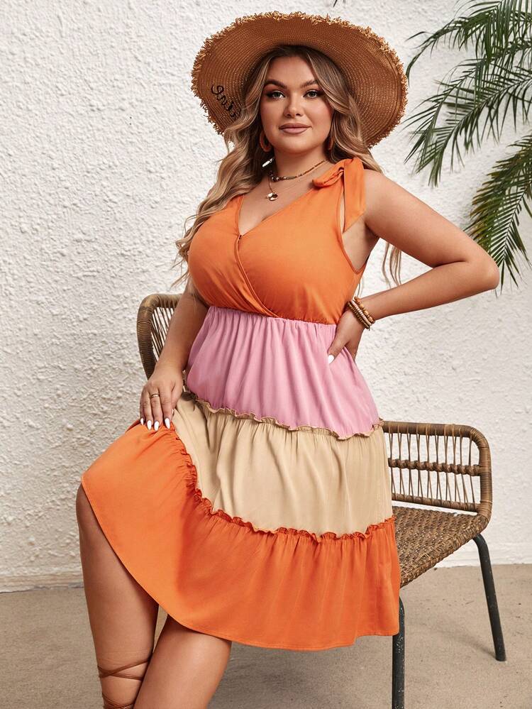 Plus-Size Color-Block Tie-Up Dress