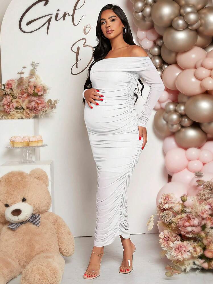 knee length dresses for ladies White Spandex Maternity Dresses with Long Sleeves – loveangeldress main image 0