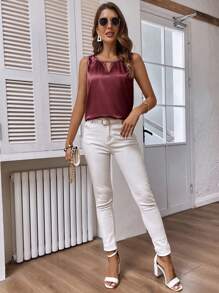 EMERY ROSE 女式锁孔领口无袖衬衫，无袖上衣 - 酒紅色 - 查看 4