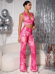 Zolique Damski Barwiony Dekolt Halter Kamizelka I Spodnie Komplety Biżuterii - Wyrazisty róż - Zobacz 6