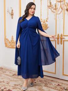 Modelyn Váy tay xoắn màu trơn cỡ lớn, Đầm dự tiệc tối thanh lịch - Màu xanh lam - Xem 7