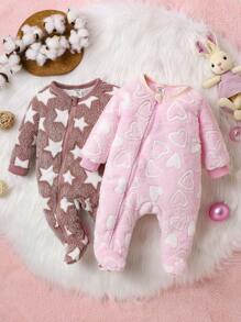 2pcs/Set Baby Girls' Plush Warm Jumpsuits With Star & Heart Pattern - Pink - View 1