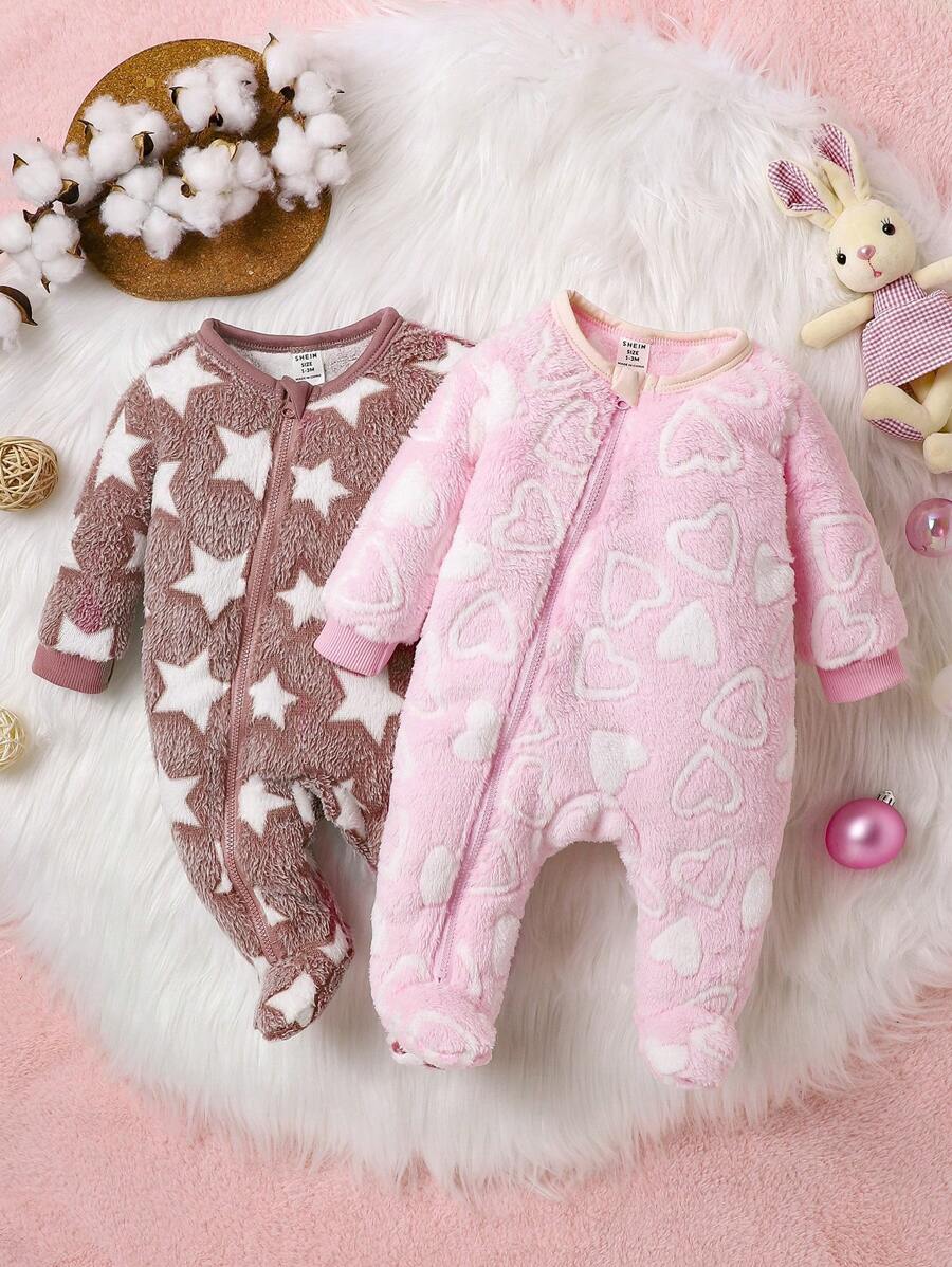 2pcs/Set Baby Girls' Plush Warm Jumpsuits With Star & Heart Pattern - Pink - View 1