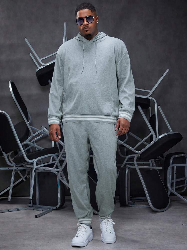 Men's Plus Size Hooded Sweatshirt And Sweatpants Set With Ribbed Trim
