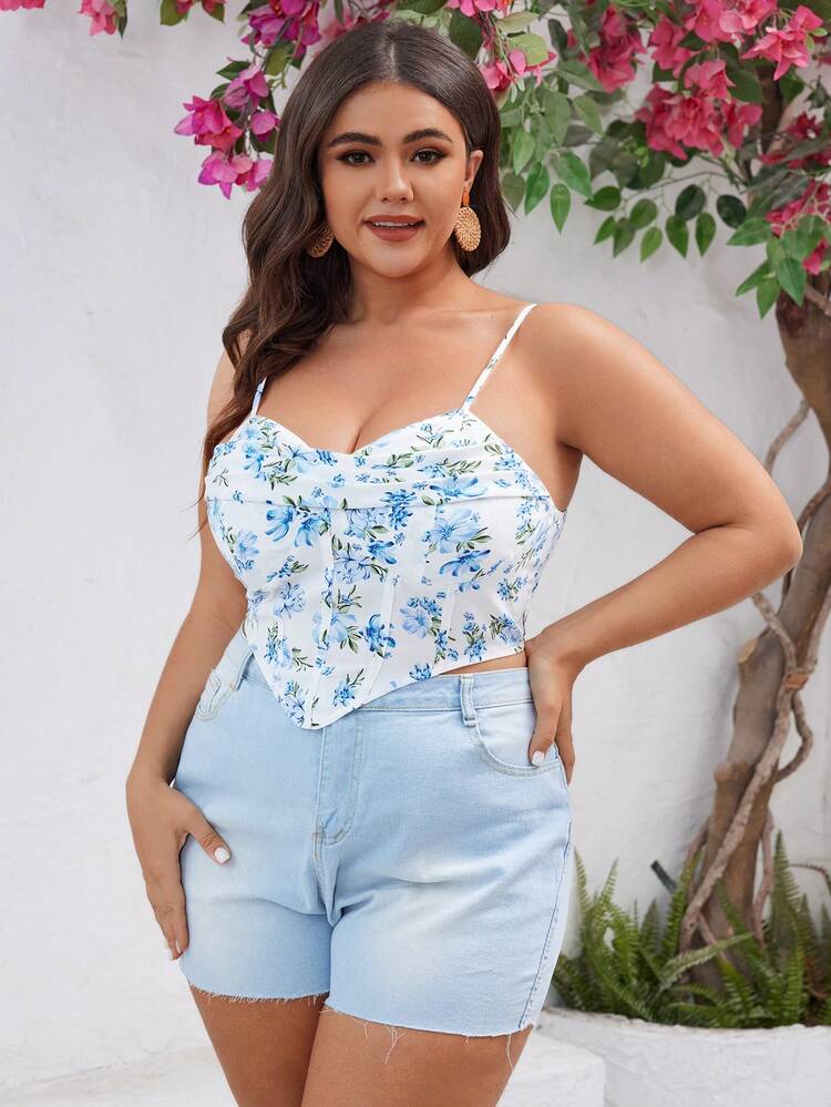 Plus Size Floral Print Ruched Bust Asymmetrical Hem Vacation Camisole Top For Summer