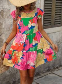 Breezaya Casual Summer Hawaii Style Vacation Yellow Floral Layered A-Line Cap Sleeve Cute Doll Dress, Beach Cover Up - Multicolor - View 7