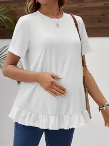 SHEIN Maternity Round Neck Short Sleeve Ruffled Hem T-Shirt - White - View 3