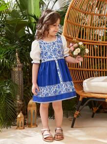 SHEIN Little Girl's Floral Print Puff Sleeve Dress - Multicolor - View 6