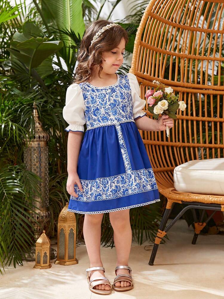 Little Girl's Floral Print Puff Sleeve Dress