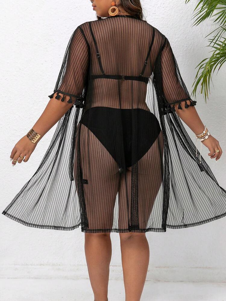 Plus Size Women'S Mesh Splicing Fringe Sleeve Cuffs Jacket