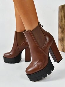 秋冬女高跟及踝長短靴黑色靴子冬季保暖短靴粗跟拉鍊後背戶外短靴 - 酒紅色 - 查看 2