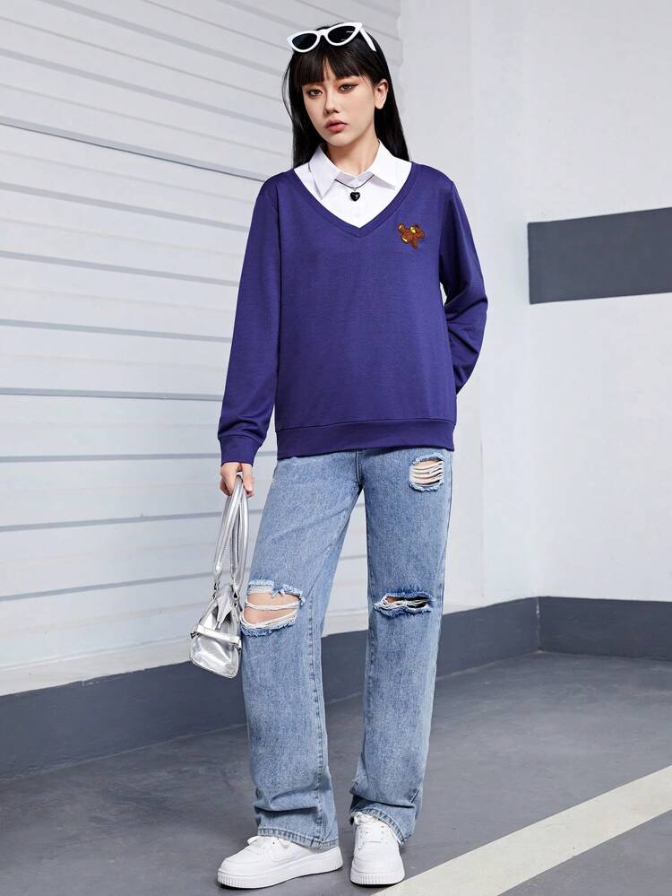Teenage Girls' Cute Bear Patchwork Long Sleeve Polo Collar Sweatshirt