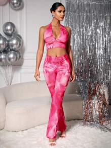 Zolique Damski Barwiony Dekolt Halter Kamizelka I Spodnie Komplety Biżuterii - Wyrazisty róż - Zobacz 3