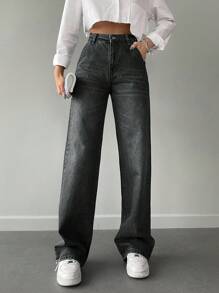 Cottnline Casual Slant Pocket Straight Leg Jeans - Grey - View 1