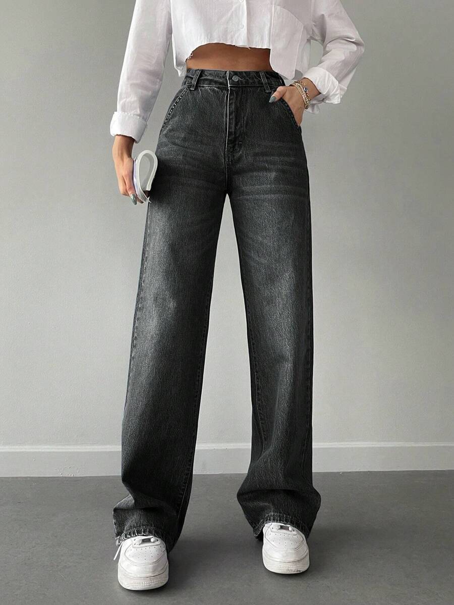 Cottnline Casual Slant Pocket Straight Leg Jeans - Grey - View 1