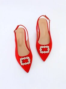 Women's Spring And Autumn New Style Flat Shoes With Rhinestones Decoration, Suedette, Pointed Toe And Chunky Heel Design - Red - View 3