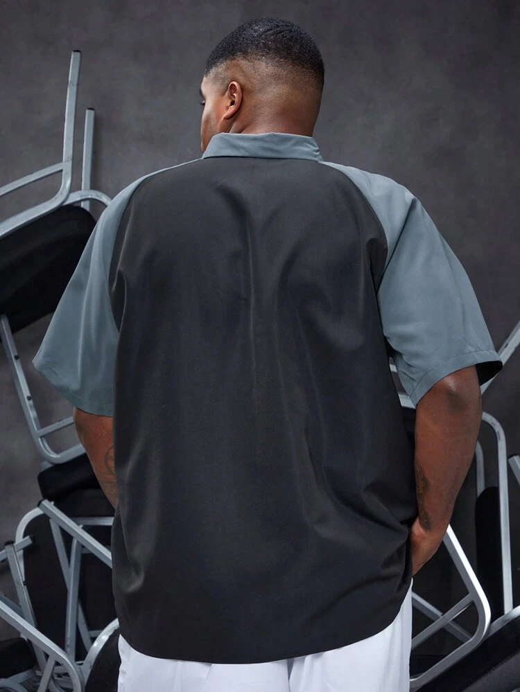 Men's Plus Size Loose Colorblock Raglan Sleeve T-Shirt With Letter Print