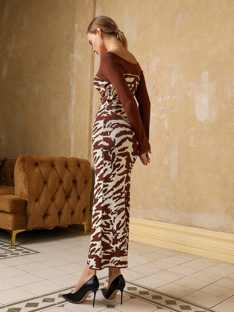 Color Block Off-Shoulder Printed Dress
