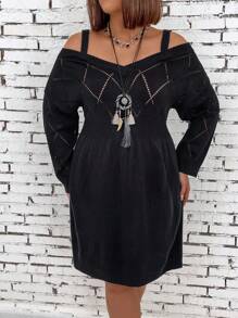 SHEIN Clasi Plus Size Cold Shoulder Knitted Sweater Dress With Sheer Panel And Diamond Pattern - Black - View 1