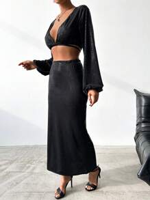 EURMUSE Black Sparkly Two-Pieces Outfit - Black - View 4