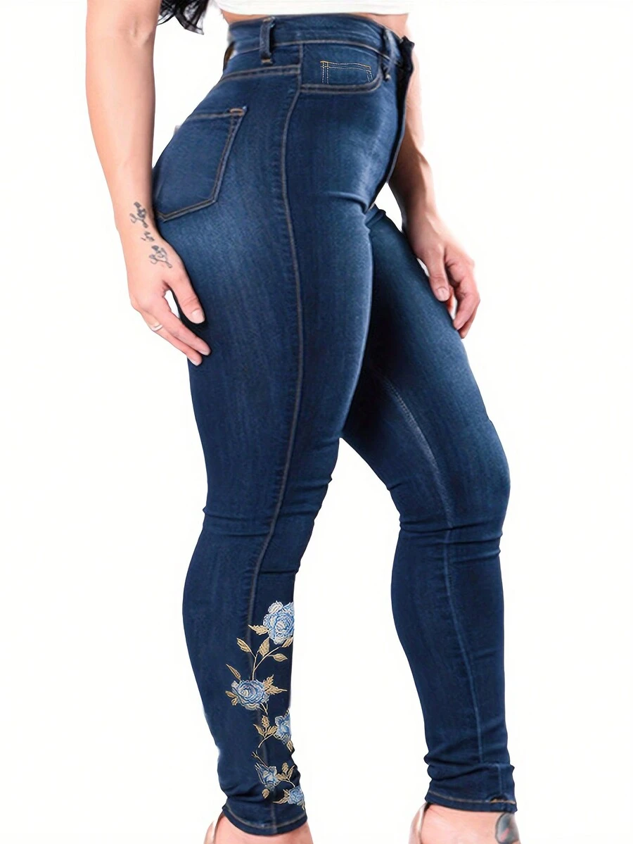 Plus Size Floral Embroidery Slim Fit Jeans, Spring/Summer/Fall, Fashion Personalized