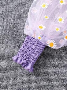 Tween Girl's Cute Daisy Sheer Lantern Long Sleeve Top With Ruffle Trim And Gathered Waist