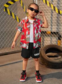 SHEIN Explorewe 男童短袖舒適基本款襯衫 - 紅色 - 查看 4