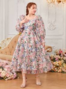 SHEIN 少女蕾絲花朵裝飾愛心領波浪邊長袖雪紡連衣裙