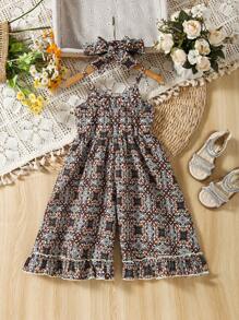 Baby Girl Full Printed Strap Jumpsuit - Multicolor - View 2