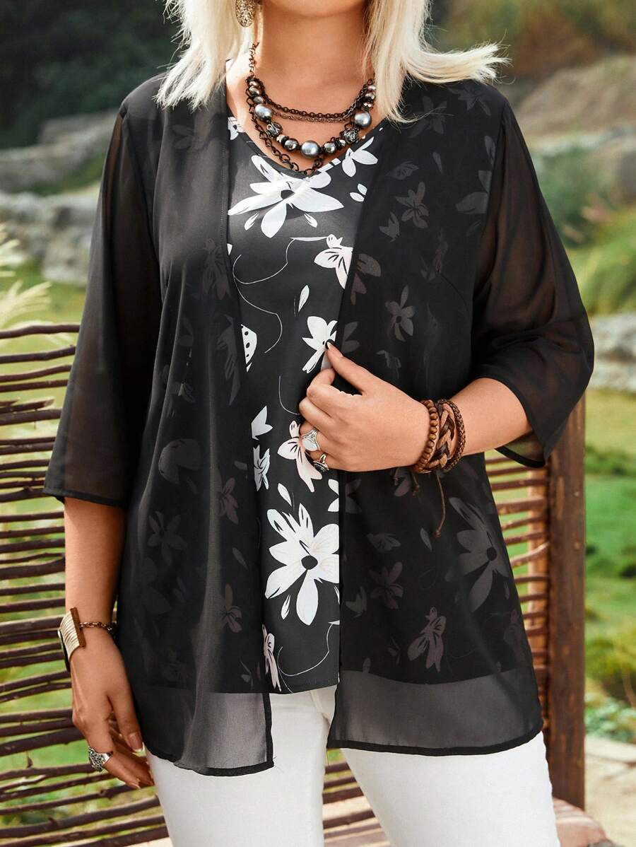 EMERY ROSE 大尺碼花卉印花拼接2合1襯衫 - 黑色 - 查看 1