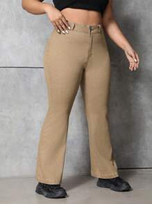 SHEIN EZwear 大尺碼女士喇叭牛仔褲 - 卡其色 - 查看 5