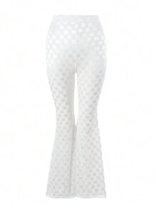 SHEIN Swim Women's Checkered Patterned Cover Up Flared Pants Summer - Beige - View 4
