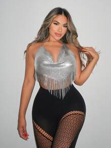 SHEIN SXY Valentine's Day Moda Mujeres Hermosas Top De Halter Ajustable Sin Tirantes Sin Espalda Corto Ajustado Con Cuello Profundo, Sexy Para La Noche En El Club Con Borla De Metal